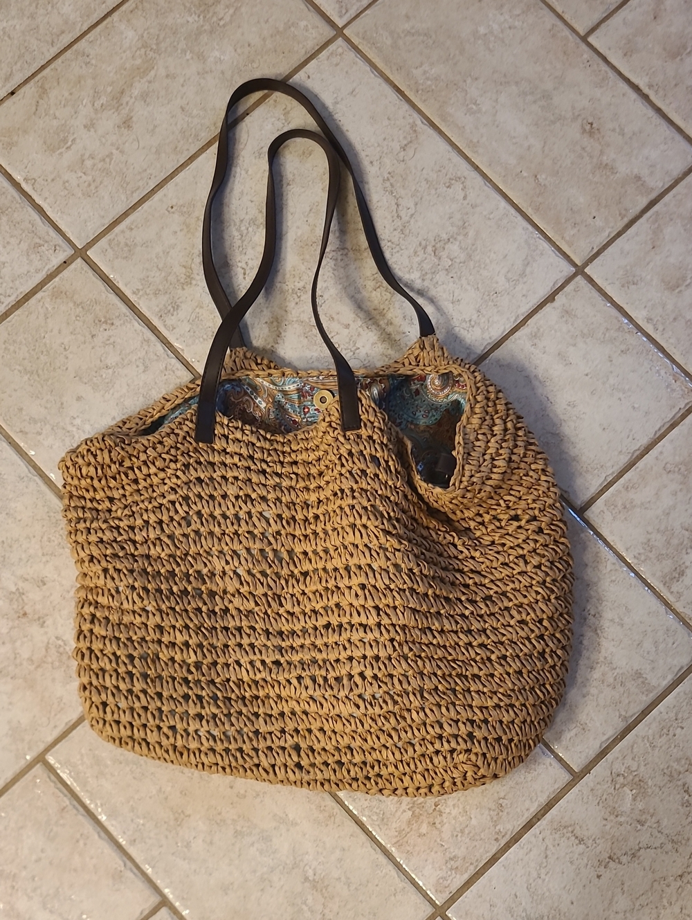 Woven Straw Market Tote Bag with Brown Handles